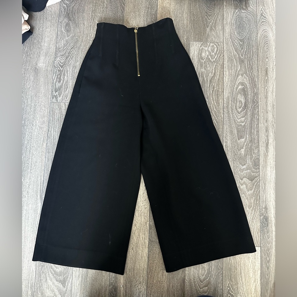 Black Wide-Leg Pants/Coulottes  with Gold Zipper - Babaton